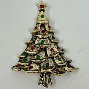 Vintage Gold Christmas Tree Broach with Red and Green Accents
